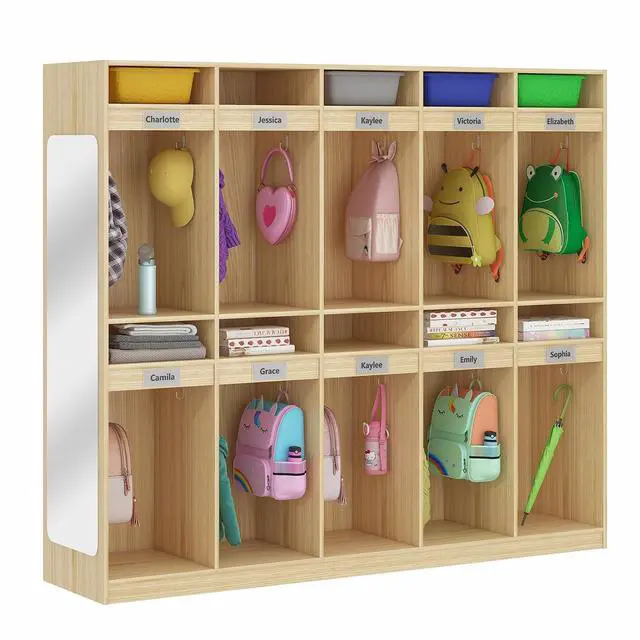 Main image of 10-Section Classroom Coat Locker with 10 Cubbies, Daycare Cubbies with 20 Hooks and Acrylic Mirror, Kindergarten Lockers for Home, School, Nursery