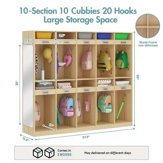 Alt view image 3 of 7 - 10-Section Classroom Coat Locker with 10 Cubbies, Daycare Cubbies with 20 Hooks and Acrylic Mirror, Kindergarten Lockers for Home, School, Nursery