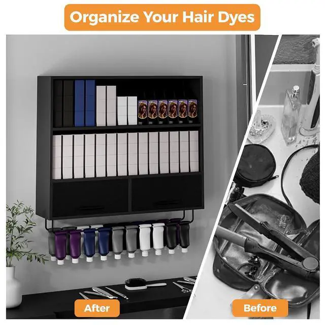 Alt view image 5 of 7 - Wall Mount Hair Color Organizer Rack with Removable Dividers, Hair Color Bar Wall Shelf Cabinet for Dye Storage and Display, Holds 160+ Tubes for Barbershop Beauty Spa, Black