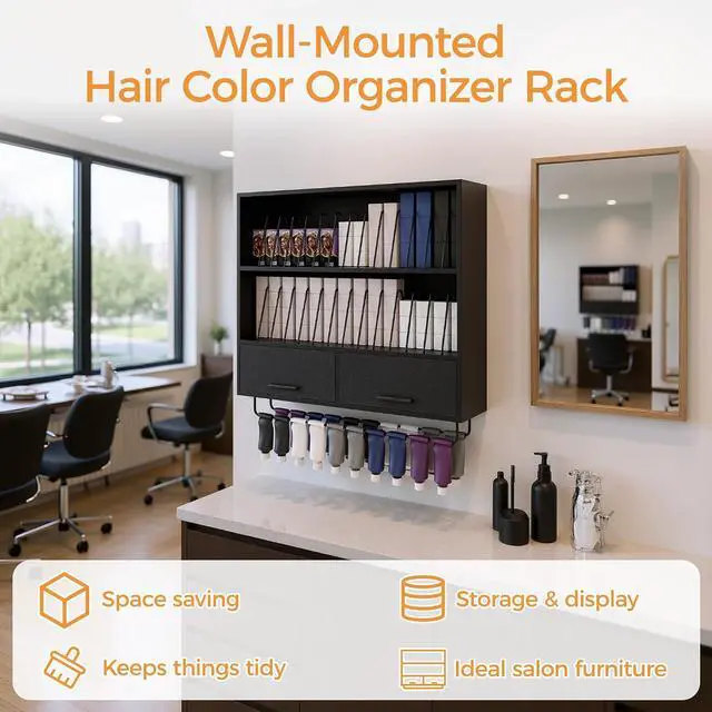 Alt view image 6 of 7 - Wall Mount Hair Color Organizer Rack with Removable Dividers, Hair Color Bar Wall Shelf Cabinet for Dye Storage and Display, Holds 160+ Tubes for Barbershop Beauty Spa, Black