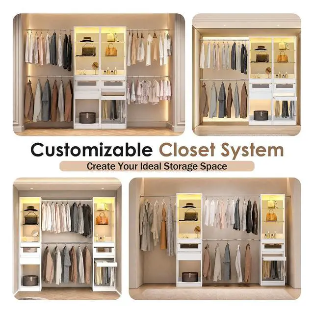 Alt view image 5 of 7 - 6-12 Ft Closet System with LED Lighting White | 137Double Cabinet Built in Closet Organizer Systems with Pull-Out Pants Rack,Tempered Glass for Walk in Closet Storage
