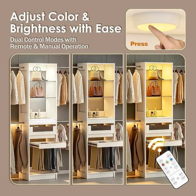 Alt view image 7 of 7 - 6-12 Ft Closet System with LED Lighting White | 137Double Cabinet Built in Closet Organizer Systems with Pull-Out Pants Rack,Tempered Glass for Walk in Closet Storage