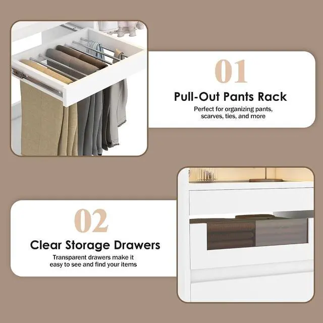 Alt view image 4 of 7 - 6-12 Ft Closet System with LED Lighting White | 137Double Cabinet Built in Closet Organizer Systems with Pull-Out Pants Rack,Tempered Glass for Walk in Closet Storage