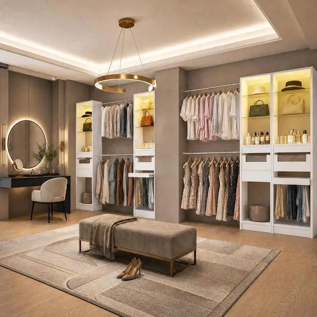 Alt view image 6 of 7 - 6-12 Ft Closet System with LED Lighting White | 137Double Cabinet Built in Closet Organizer Systems with Pull-Out Pants Rack,Tempered Glass for Walk in Closet Storage
