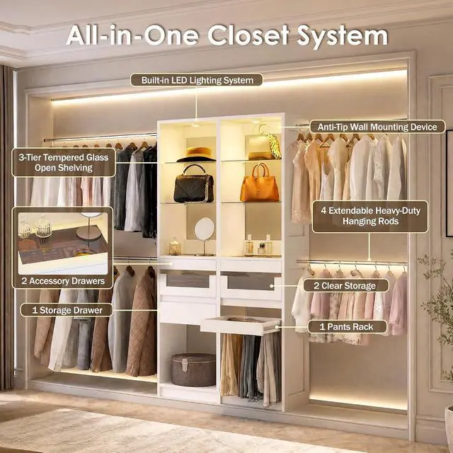Alt view image 3 of 7 - 6-12 Ft Closet System with LED Lighting White | 137Double Cabinet Built in Closet Organizer Systems with Pull-Out Pants Rack,Tempered Glass for Walk in Closet Storage