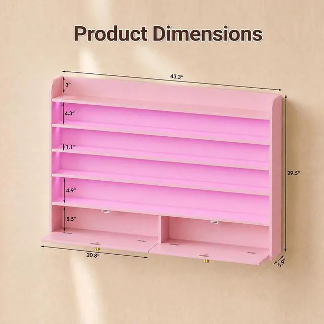 Alt view image 2 of 7 - Wood Nail Polish Rack with Cabinet, 5-Tier Nail Polish Display Shelf, Pink | Wall Mount, LED Light, Anti-Drop Acrylic Baffles, Hold 600+ Bottles, Nail Salon Storage & Display Cabinet