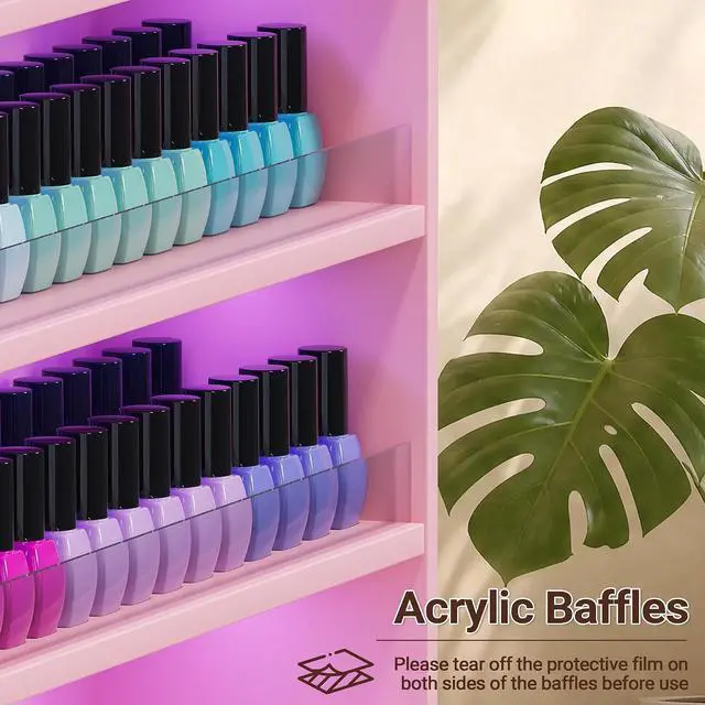 Alt view image 4 of 7 - Wood Nail Polish Rack with Cabinet, 5-Tier Nail Polish Display Shelf, Pink | Wall Mount, LED Light, Anti-Drop Acrylic Baffles, Hold 600+ Bottles, Nail Salon Storage & Display Cabinet