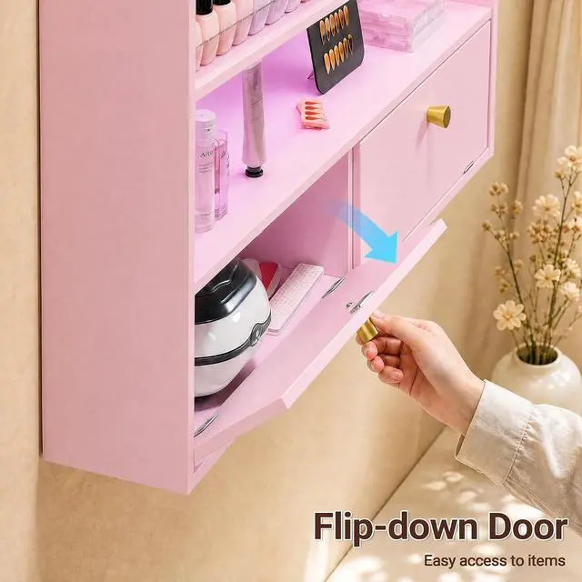 Alt view image 5 of 7 - Wood Nail Polish Rack with Cabinet, 5-Tier Nail Polish Display Shelf, Pink | Wall Mount, LED Light, Anti-Drop Acrylic Baffles, Hold 600+ Bottles, Nail Salon Storage & Display Cabinet