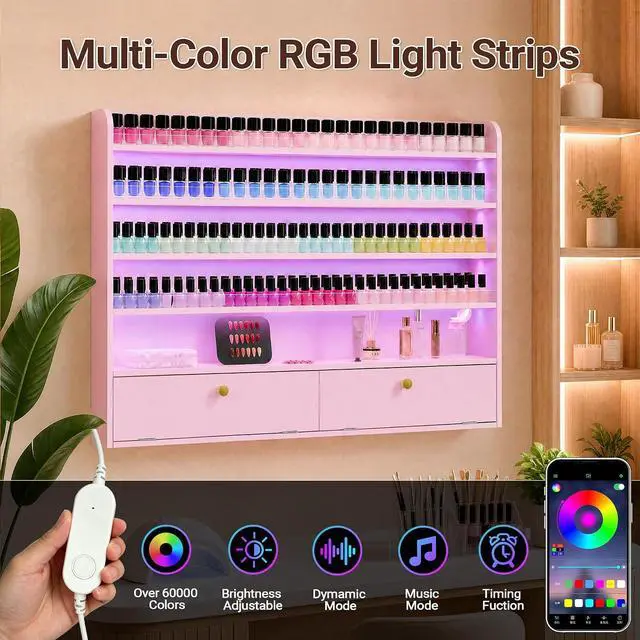 Alt view image 3 of 7 - Wood Nail Polish Rack with Cabinet, 5-Tier Nail Polish Display Shelf, Pink | Wall Mount, LED Light, Anti-Drop Acrylic Baffles, Hold 600+ Bottles, Nail Salon Storage & Display Cabinet