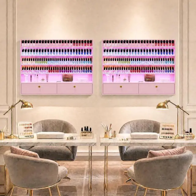 Alt view image 7 of 7 - Wood Nail Polish Rack with Cabinet, 5-Tier Nail Polish Display Shelf, Pink | Wall Mount, LED Light, Anti-Drop Acrylic Baffles, Hold 600+ Bottles, Nail Salon Storage & Display Cabinet