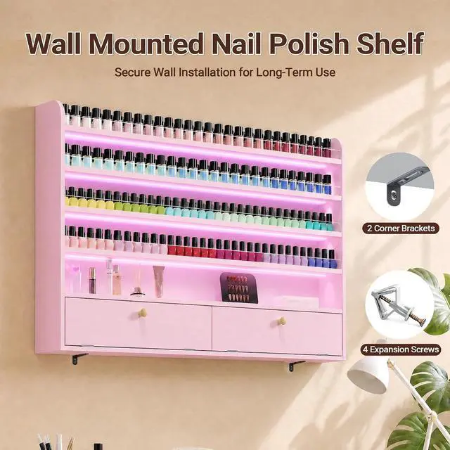 Alt view image 6 of 7 - Wood Nail Polish Rack with Cabinet, 5-Tier Nail Polish Display Shelf, Pink | Wall Mount, LED Light, Anti-Drop Acrylic Baffles, Hold 600+ Bottles, Nail Salon Storage & Display Cabinet