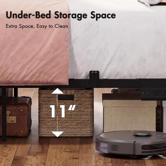 Alt view image 5 of 7 - Full Canopy Platform Bed with Charging Station & LED Lights | 4-Poster Canopy Design, Heavy-Duty Steel Frame, 11-Inch Under-Bed Storage, No Box Spring Needed, Easy Assembly & Noise-Free
