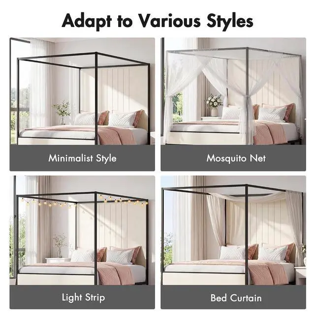 Alt view image 7 of 7 - Full Canopy Platform Bed with Charging Station & LED Lights | 4-Poster Canopy Design, Heavy-Duty Steel Frame, 11-Inch Under-Bed Storage, No Box Spring Needed, Easy Assembly & Noise-Free