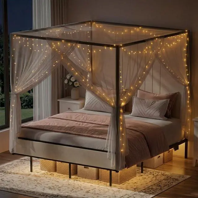 Main image of Queen Canopy Platform Bed with Charging Station & LED Lights | 4-Poster Canopy Design, Heavy-Duty Steel Frame, 11-Inch Under-Bed Storage, No Box Spring Needed, Easy Assembly & Noise-Free