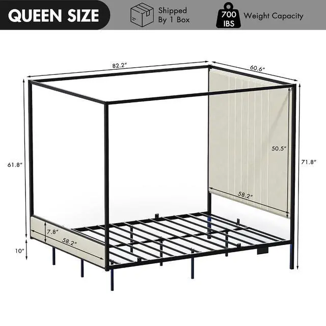 Alt view image 2 of 7 - Queen Canopy Platform Bed with Charging Station & LED Lights | 4-Poster Canopy Design, Heavy-Duty Steel Frame, 11-Inch Under-Bed Storage, No Box Spring Needed, Easy Assembly & Noise-Free
