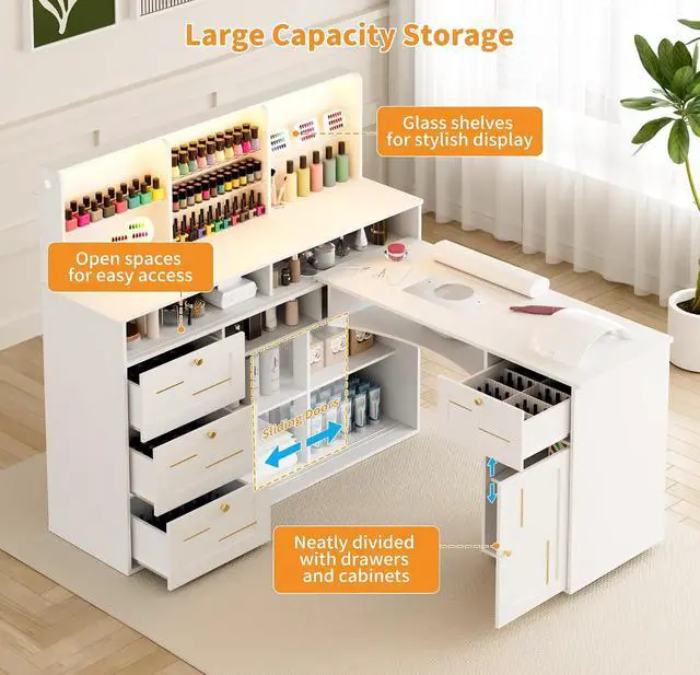 Alt view image 3 of 7 - Manicure Table with Dust Collector, L-Shaped Nail Desk with Mobile Desktop, LED Light, Glass Display Rack, Storage Cabinets and Drawers for Home Spa Beauty Salon Nail Station, White