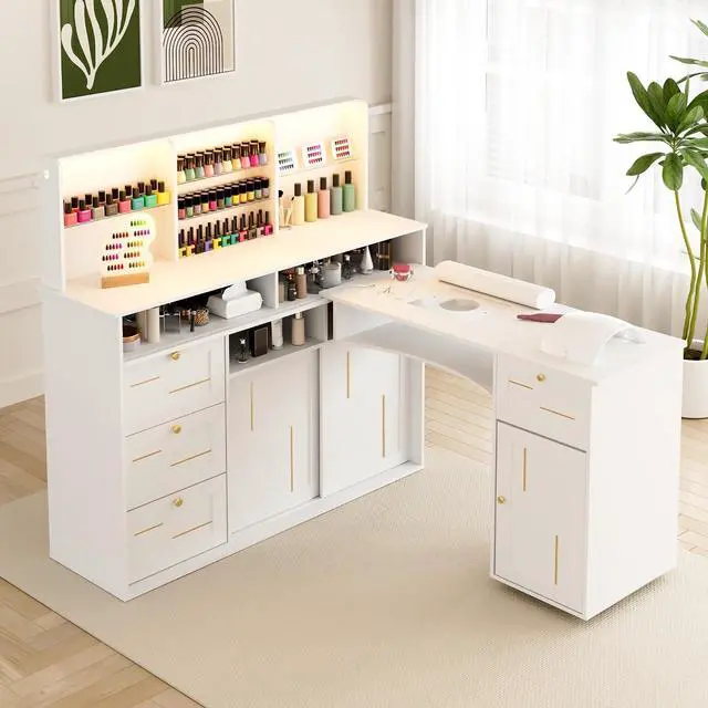 Main image of Manicure Table with Dust Collector, L-Shaped Nail Desk with Mobile Desktop, LED Light, Glass Display Rack, Storage Cabinets and Drawers for Home Spa Beauty Salon Nail Station, White