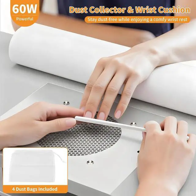 Alt view image 2 of 7 - Manicure Table with Dust Collector, L-Shaped Nail Desk with Mobile Desktop, LED Light, Glass Display Rack, Storage Cabinets and Drawers for Home Spa Beauty Salon Nail Station, White