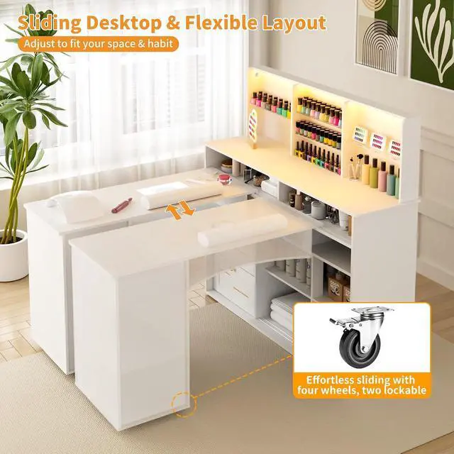 Alt view image 4 of 7 - Manicure Table with Dust Collector, L-Shaped Nail Desk with Mobile Desktop, LED Light, Glass Display Rack, Storage Cabinets and Drawers for Home Spa Beauty Salon Nail Station, White