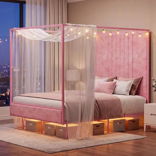 Alt view image 3 of 7 - Full Canopy Platform Bed with Charging Station & LED Lights | 4-Poster Canopy Design, Heavy-Duty Steel Frame, 11-Inch Under-Bed Storage, No Box Spring Needed, Easy Assembly & Noise-Free