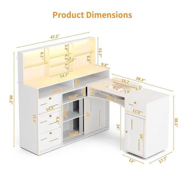 Alt view image 7 of 7 - Manicure Table with Dust Collector, L-Shaped Nail Desk with Mobile Desktop, LED Light, Glass Display Rack, Storage Cabinets and Drawers for Home Spa Beauty Salon Nail Station, White