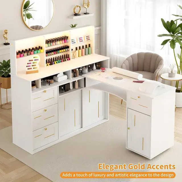Alt view image 6 of 7 - Manicure Table with Dust Collector, L-Shaped Nail Desk with Mobile Desktop, LED Light, Glass Display Rack, Storage Cabinets and Drawers for Home Spa Beauty Salon Nail Station, White