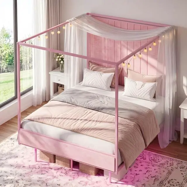 Main image of Full Canopy Platform Bed with Charging Station & LED Lights | 4-Poster Canopy Design, Heavy-Duty Steel Frame, 11-Inch Under-Bed Storage, No Box Spring Needed, Easy Assembly & Noise-Free