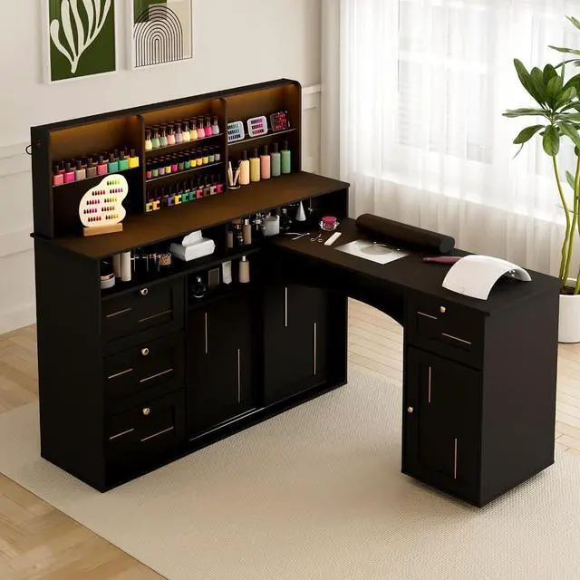 Main image of Manicure Table with Dust Collector, L-Shaped Nail Desk with Mobile Desktop, LED Light, Glass Display Rack, Storage Cabinets and Drawers for Home Spa Beauty Salon Nail Station, Black