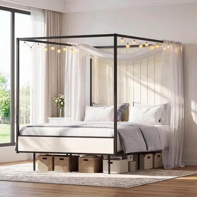Alt view image 3 of 7 - Queen Canopy Platform Bed with Charging Station & LED Lights | 4-Poster Canopy Design, Heavy-Duty Steel Frame, 11-Inch Under-Bed Storage, No Box Spring Needed, Easy Assembly & Noise-Free