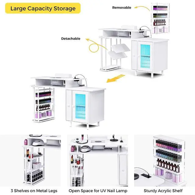 Alt view image 6 of 7 - Manicure Table with LED Light, Nail Desk Nail Tech Table w/Dust Collector & Charging Station, Nail Station w/Removable Acrylic Storage Shelf, Drawers & Glass Door Cabinet, White