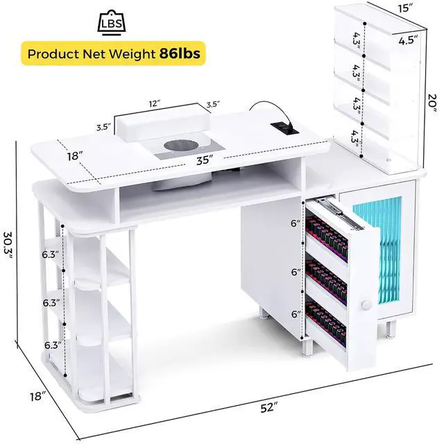Alt view image 3 of 7 - Manicure Table with LED Light, Nail Desk Nail Tech Table w/Dust Collector & Charging Station, Nail Station w/Removable Acrylic Storage Shelf, Drawers & Glass Door Cabinet, White