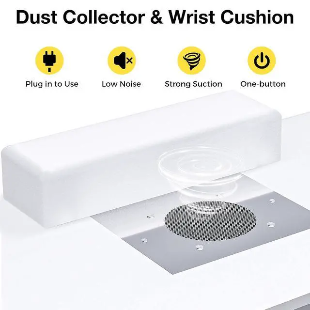 Alt view image 5 of 7 - Manicure Table with LED Light, Nail Desk Nail Tech Table w/Dust Collector & Charging Station, Nail Station w/Removable Acrylic Storage Shelf, Drawers & Glass Door Cabinet, White