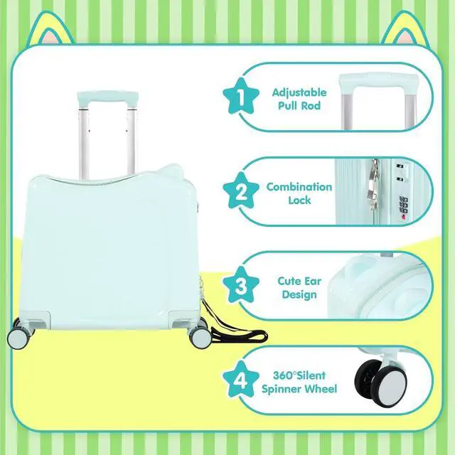 Alt view image 2 of 7 - 20" Kids Ride-On Suitcase with Rope, Carry-On Luggage with TSA Lock | PVC Hardshell, Waterproof & Wear-resistant, 360° Silent Wheels, Telescopic Handle, Airline Carry-on Size, Cute Ear Design