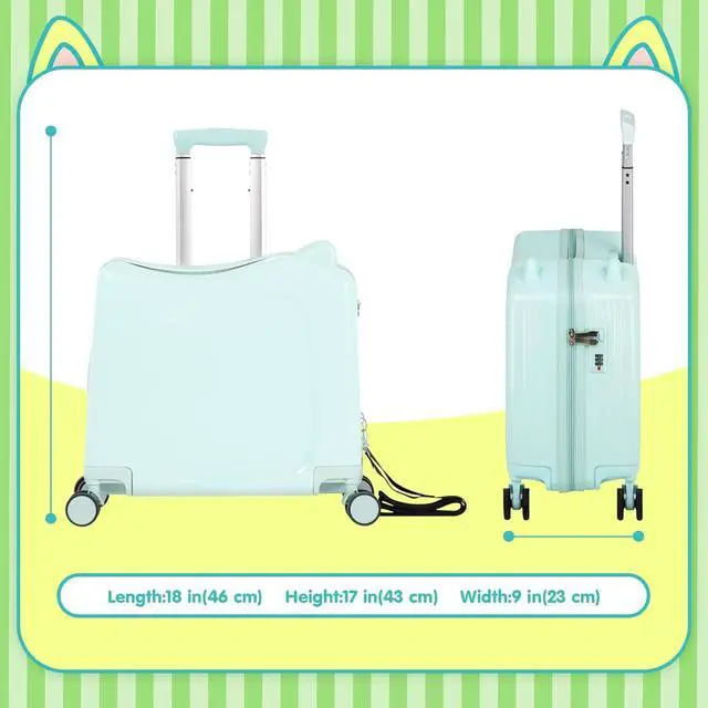 Alt view image 4 of 7 - 20" Kids Ride-On Suitcase with Rope, Carry-On Luggage with TSA Lock | PVC Hardshell, Waterproof & Wear-resistant, 360° Silent Wheels, Telescopic Handle, Airline Carry-on Size, Cute Ear Design