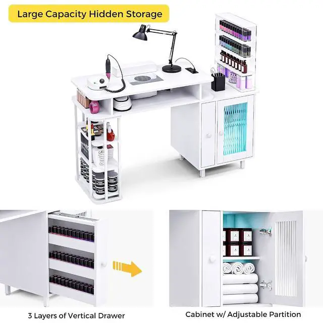 Alt view image 7 of 7 - Manicure Table with LED Light, Nail Desk Nail Tech Table w/Dust Collector & Charging Station, Nail Station w/Removable Acrylic Storage Shelf, Drawers & Glass Door Cabinet, White