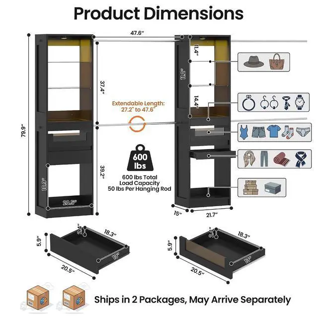 Alt view image 2 of 7 - 6-12 Ft Closet System with LED Lighting Black | 137Double Cabinet Built in Closet Organizer Systems with Pull-Out Pants Rack,Tempered Glass for Walk in Closet Storage