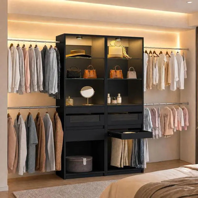 Main image of 6-12 Ft Closet System with LED Lighting Black | 137Double Cabinet Built in Closet Organizer Systems with Pull-Out Pants Rack,Tempered Glass for Walk in Closet Storage