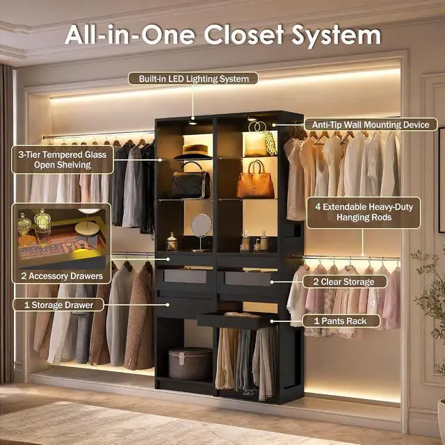Alt view image 3 of 7 - 6-12 Ft Closet System with LED Lighting Black | 137Double Cabinet Built in Closet Organizer Systems with Pull-Out Pants Rack,Tempered Glass for Walk in Closet Storage
