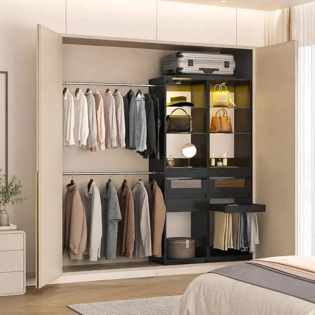 Alt view image 4 of 7 - 6-12 Ft Closet System with LED Lighting Black | 137Double Cabinet Built in Closet Organizer Systems with Pull-Out Pants Rack,Tempered Glass for Walk in Closet Storage