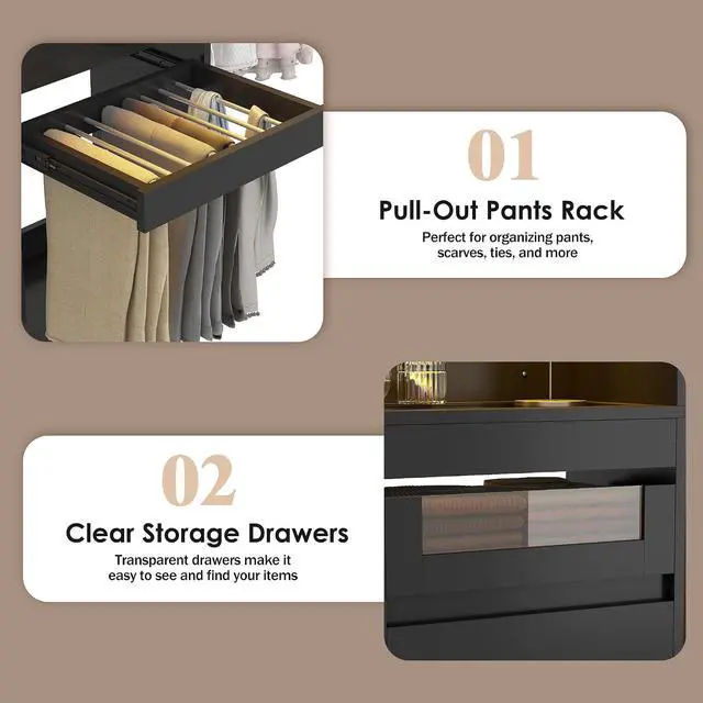 Alt view image 6 of 7 - 6-12 Ft Closet System with LED Lighting Black | 137Double Cabinet Built in Closet Organizer Systems with Pull-Out Pants Rack,Tempered Glass for Walk in Closet Storage