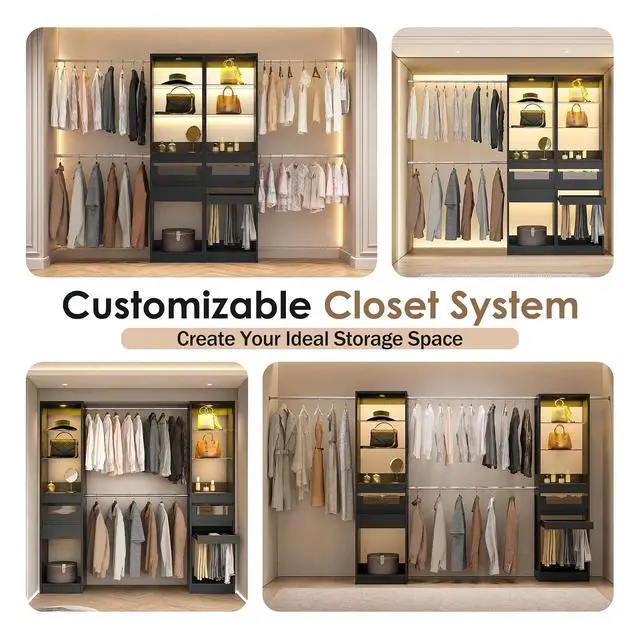 Alt view image 5 of 7 - 6-12 Ft Closet System with LED Lighting Black | 137Double Cabinet Built in Closet Organizer Systems with Pull-Out Pants Rack,Tempered Glass for Walk in Closet Storage
