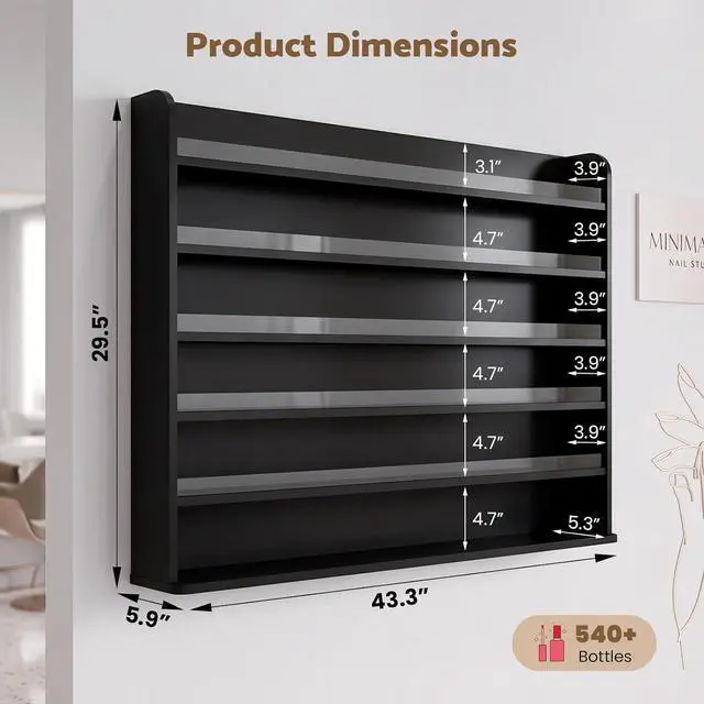 Alt view image 3 of 7 - Wood Nail Polish Rack Display, 6 Tiers Nail Polish Wall Organizer, Black | Wall Mounted Nail Polish Storage & Display Shelf, 6 Layers Wall Mount Nail Polish Holder Wall, LED Light, Acrylic Baffle