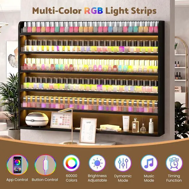Alt view image 4 of 7 - Wood Nail Polish Rack Display, 6 Tiers Nail Polish Wall Organizer, Black | Wall Mounted Nail Polish Storage & Display Shelf, 6 Layers Wall Mount Nail Polish Holder Wall, LED Light, Acrylic Baffle