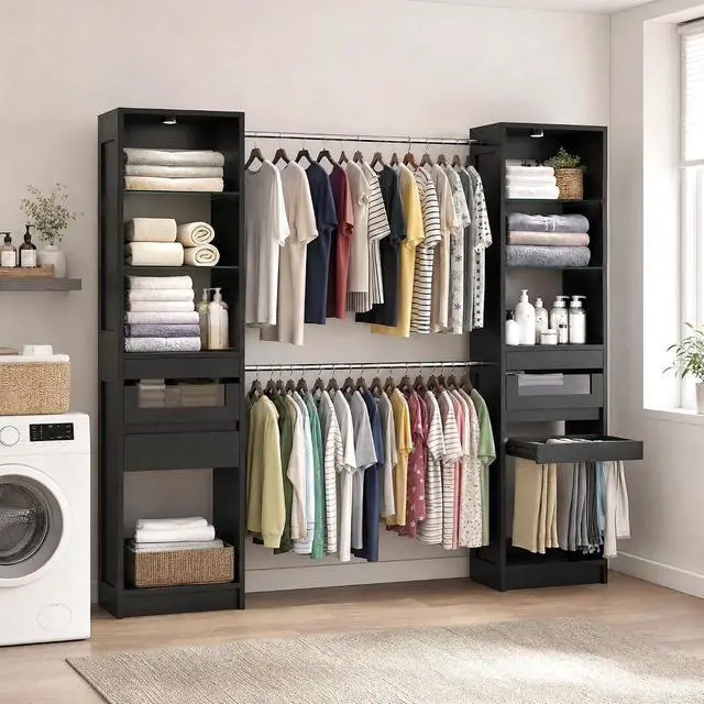 Alt view image 7 of 7 - 6-12 Ft Closet System with LED Lighting Black | 137Double Cabinet Built in Closet Organizer Systems with Pull-Out Pants Rack,Tempered Glass for Walk in Closet Storage