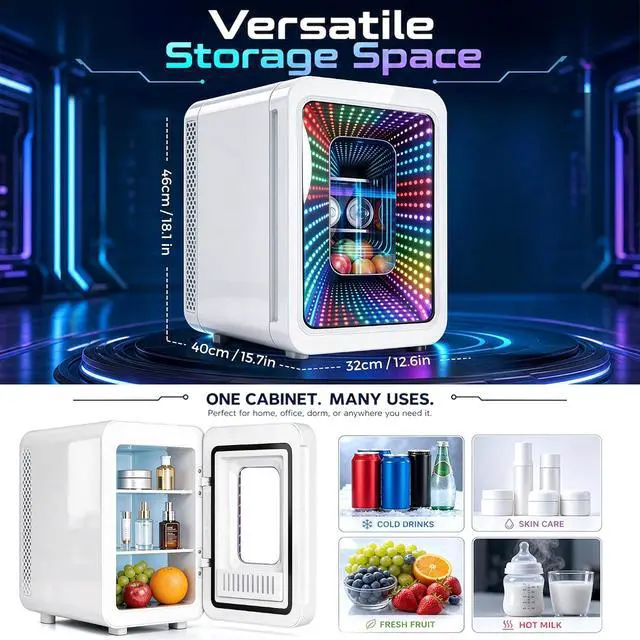 Alt view image 3 of 7 - 20L Mini Fridge LED Gaming Light, Small Beverage Refrigerator | 22Cans Mini Cooler & Warmer with See through Mirror Door, Portable Small Fridge for Bedroom, Office, Gaming Room, Car