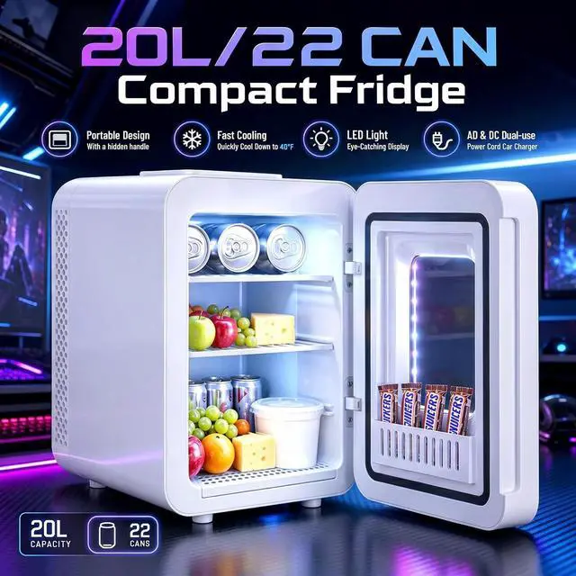 Alt view image 2 of 7 - 20L Mini Fridge LED Gaming Light, Small Beverage Refrigerator | 22Cans Mini Cooler & Warmer with See through Mirror Door, Portable Small Fridge for Bedroom, Office, Gaming Room, Car