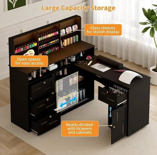 Alt view image 3 of 7 - Manicure Table with Dust Collector, L-Shaped Nail Desk with Mobile Desktop, LED Light, Glass Display Rack, Storage Cabinets and Drawers for Home Spa Beauty Salon Nail Station, Black
