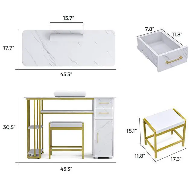 Alt view image 2 of 7 - Manicure Table Nail Desk, Nail Station for Nail Tech, Modern Multipurpose Table with Storage, a Cabinet, 2 Drawers & Open Shelves, 4 Dust Bags & a Wrist Cushion, Stool Included, White