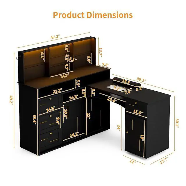 Alt view image 7 of 7 - Manicure Table with Dust Collector, L-Shaped Nail Desk with Mobile Desktop, LED Light, Glass Display Rack, Storage Cabinets and Drawers for Home Spa Beauty Salon Nail Station, Black