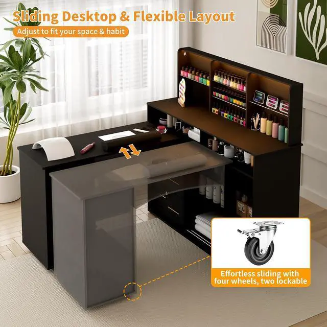 Alt view image 4 of 7 - Manicure Table with Dust Collector, L-Shaped Nail Desk with Mobile Desktop, LED Light, Glass Display Rack, Storage Cabinets and Drawers for Home Spa Beauty Salon Nail Station, Black